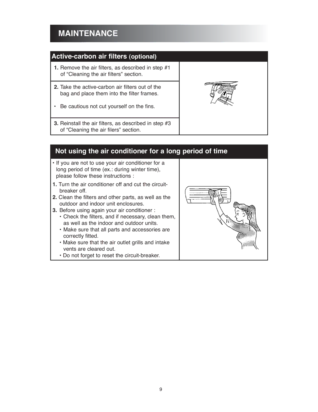 Sunrise Global 13-05024 Active-carbon air filters optional, Not using the air conditioner for a long period of time 