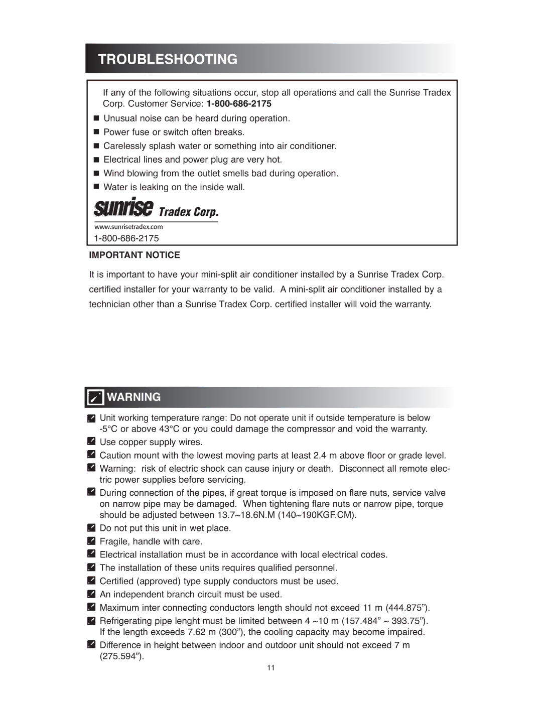 Sunrise Global 13-05024, 13-05020 owner manual Tradex Corp 