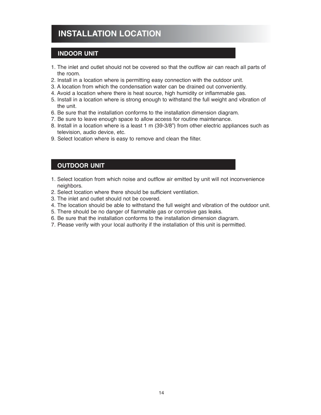 Sunrise Global 13-05020, 13-05024 owner manual Installation Location, Indoor Unit 