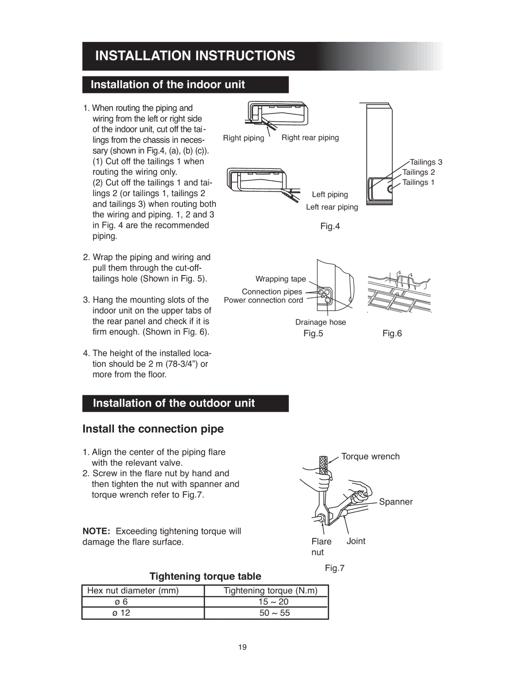 Sunrise Global 13-05024 Installation Instructions, Installation of the indoor unit, Installation of the outdoor unit 