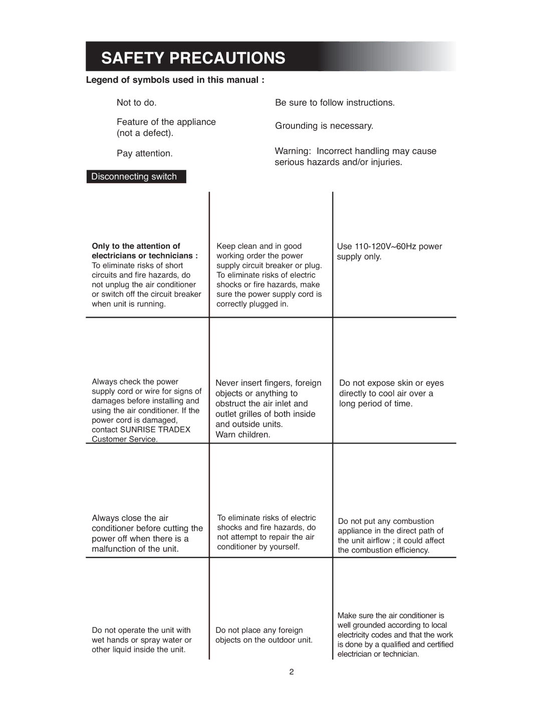 Sunrise Global 13-05020, 13-05024 owner manual Safety Precautions, Disconnecting switch 