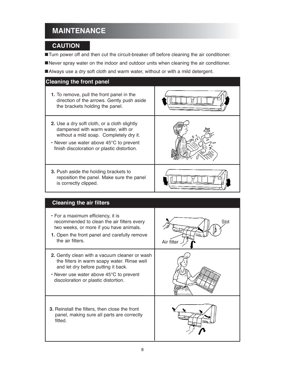 Sunrise Global 13-05020, 13-05024 owner manual Maintenance, Cleaning the front panel 