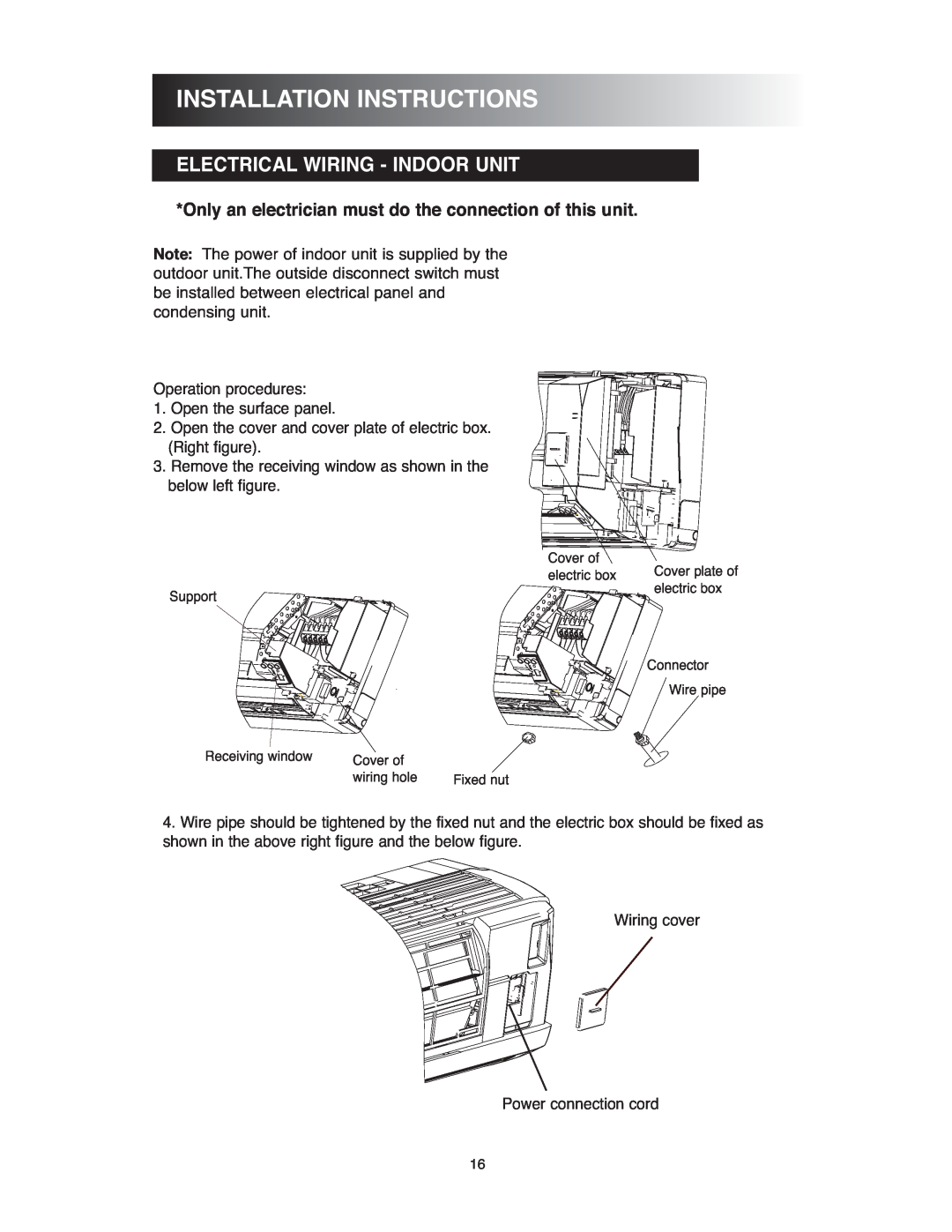 Sunrise Global 13-05020, 13-05024 owner manual Electrical Wiring - Indoor Unit, Installationinstructions 