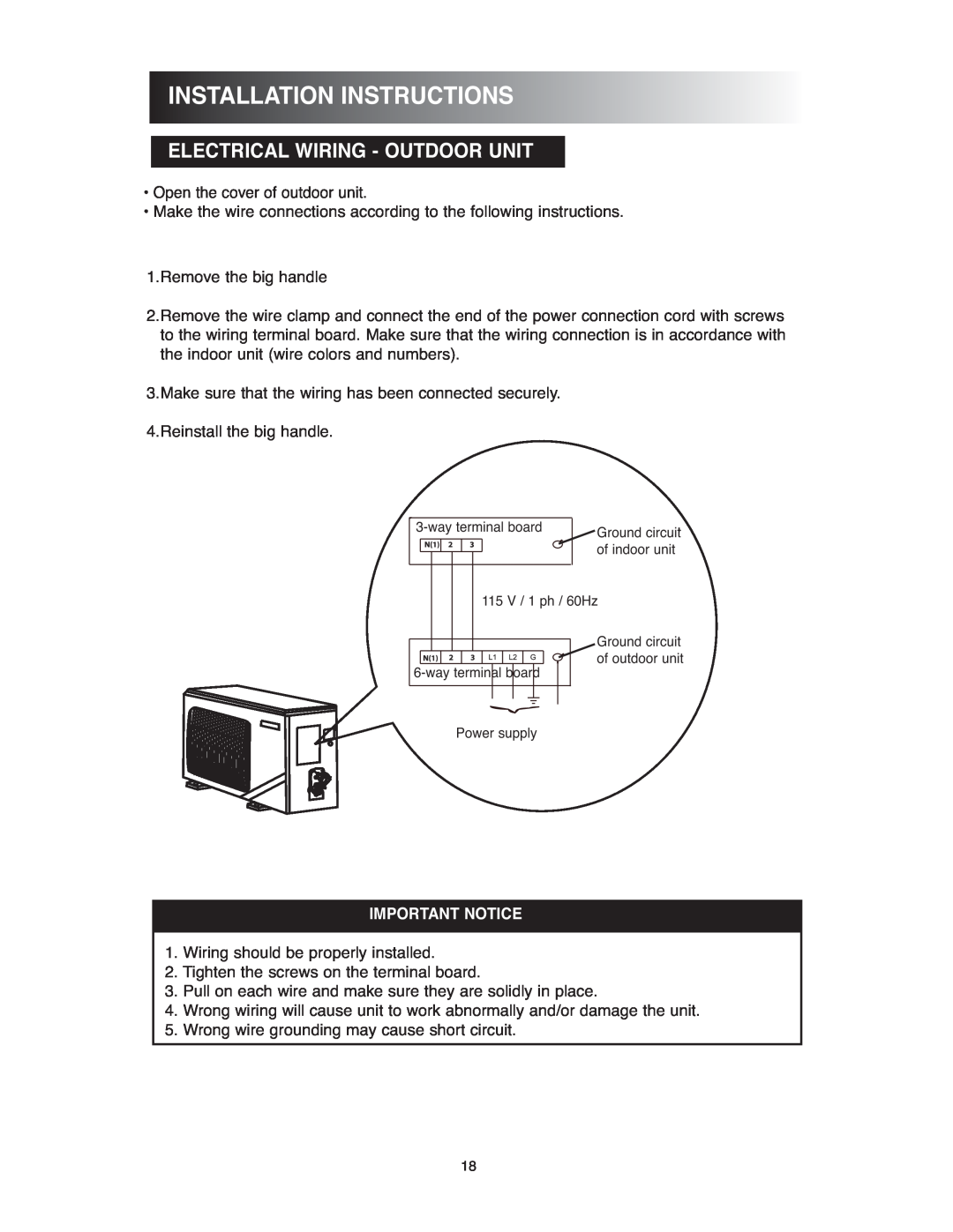 Sunrise Global 13-05020, 13-05024 owner manual Electrical Wiring - Outdoor Unit, Installationinstructions, Important Notice 