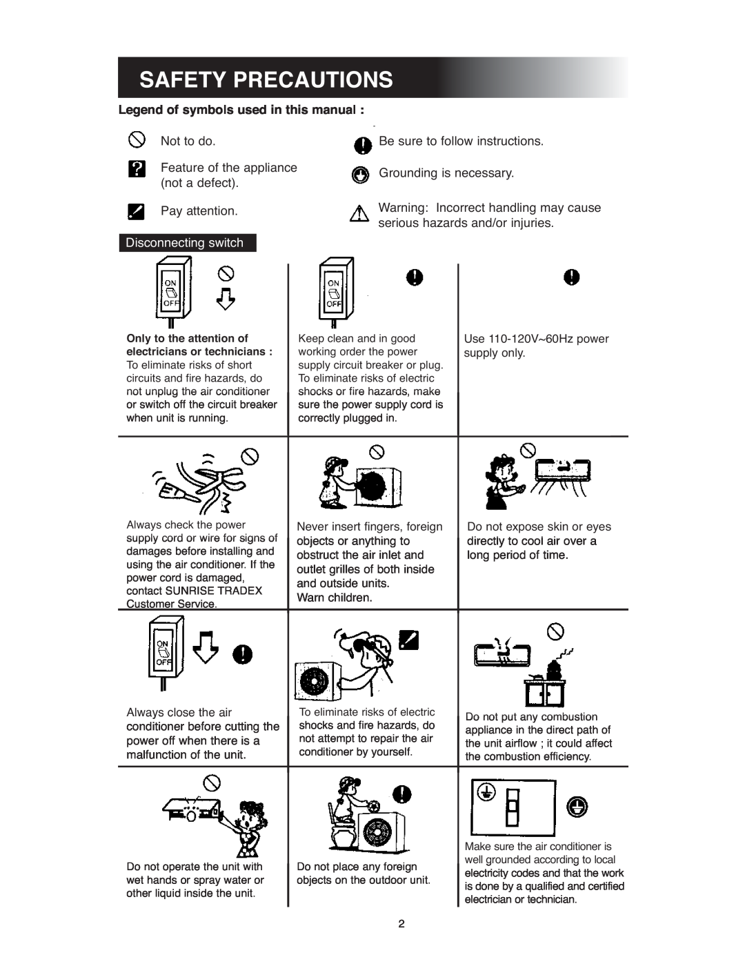 Sunrise Global 13-05020, 13-05024 Safety Precautions, Legend of symbols used in this manual, Disconnecting switch 