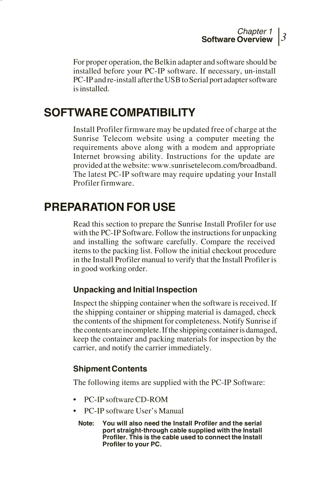 Sunrise Global CM100 IP Software Compatibility Preparation for USE, Unpacking and Initial Inspection, Shipment Contents 