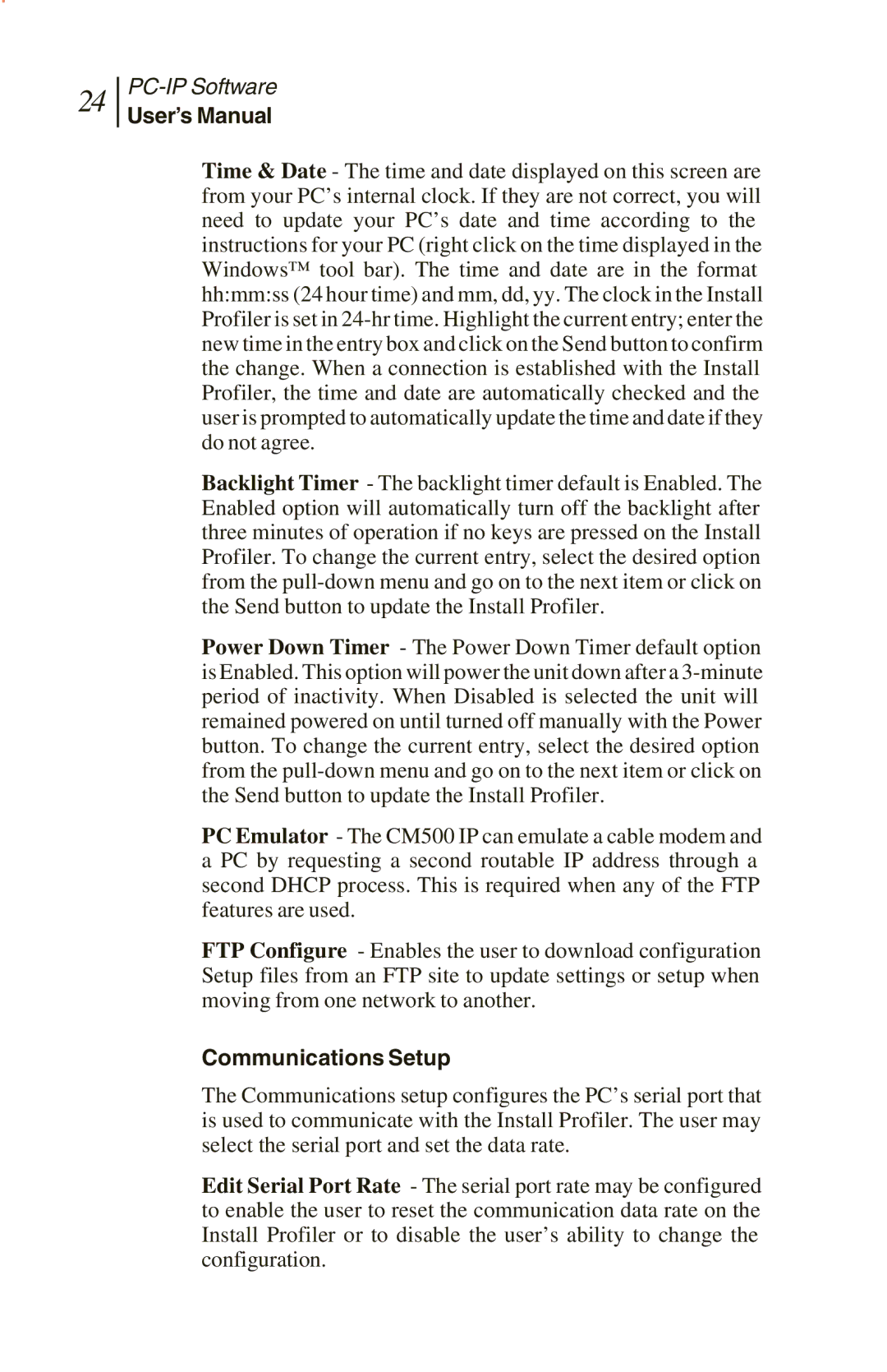 Sunrise Global CM100 IP, CM250 IP, and CM500 IP manual User’s Manual, Communications Setup 