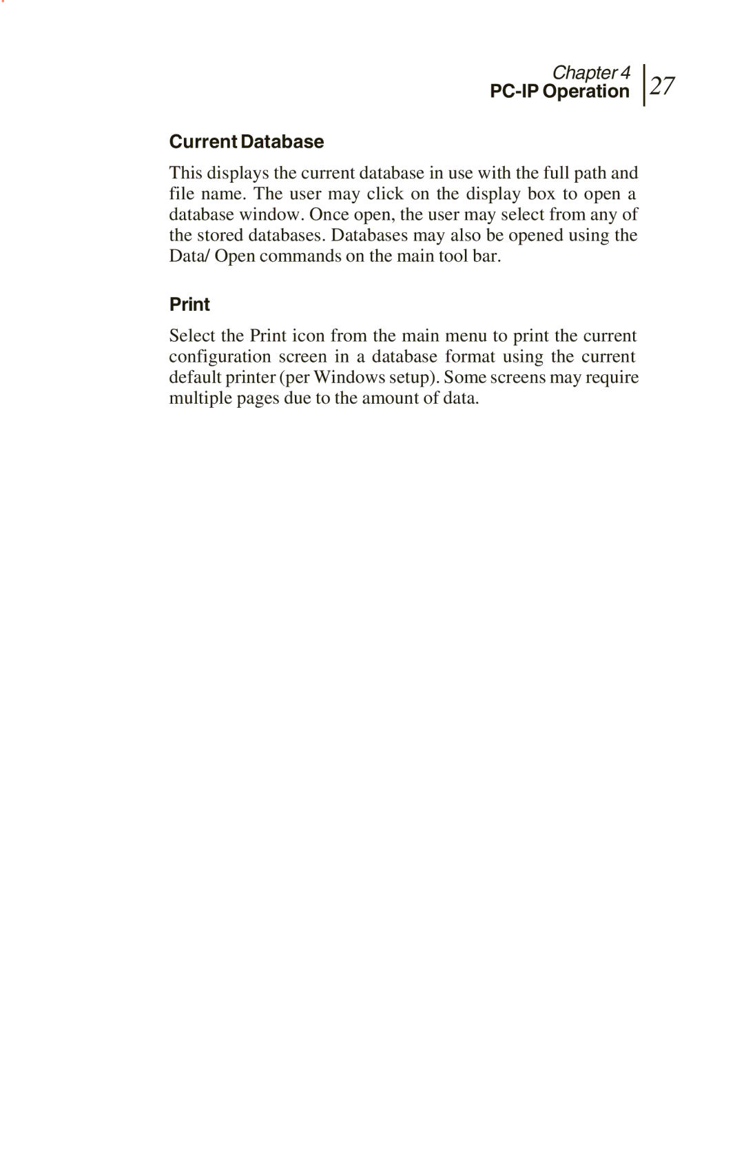 Sunrise Global CM100 IP, CM250 IP, and CM500 IP manual PC-IP Operation Current Database, Print 