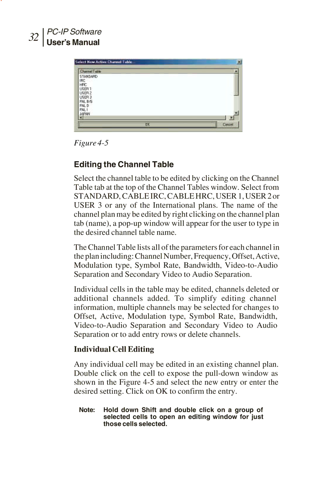 Sunrise Global CM250 IP, CM100 IP, and CM500 IP manual User’s Manual Editing the Channel Table, Individual Cell Editing 