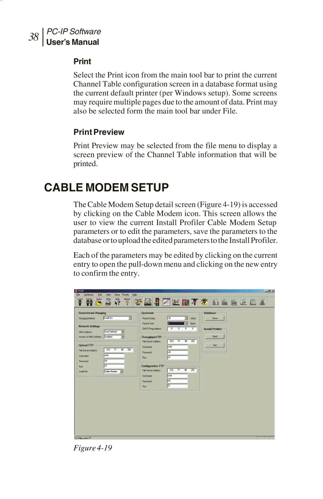 Sunrise Global CM250 IP, CM100 IP, and CM500 IP manual Cable Modem Setup, User’s Manual Print, Print Preview 