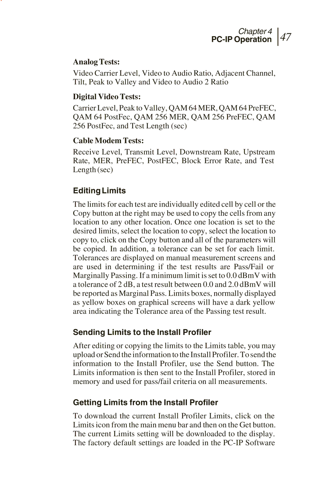 Sunrise Global CM250 IP Editing Limits, Sending Limits to the Install Profiler, Getting Limits from the Install Profiler 