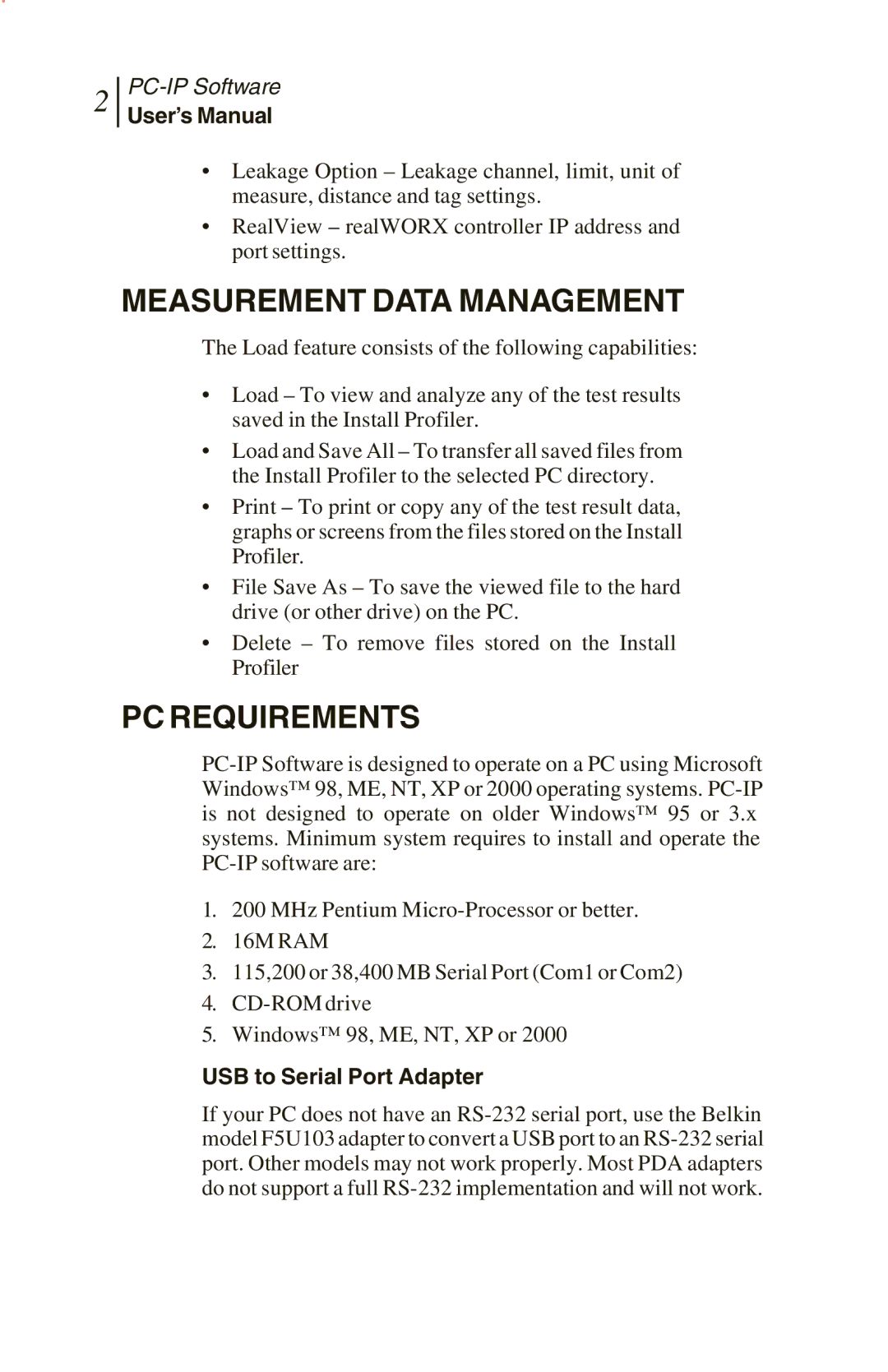 Sunrise Global CM250 IP, CM100 IP, and CM500 IP Measurement Data Management, PC Requirements, USB to Serial Port Adapter 