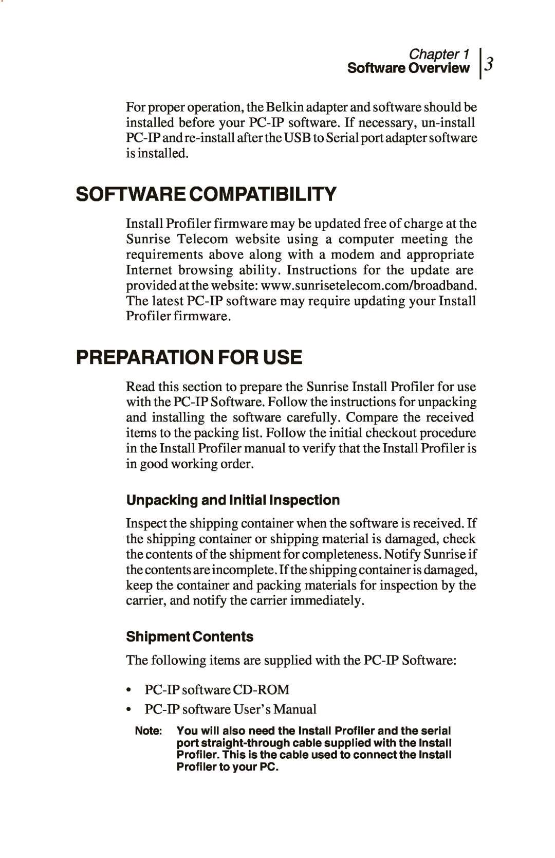 Sunrise Global CM100 IP Software Compatibility, Preparation For Use, Unpacking and Initial Inspection, Shipment Contents 