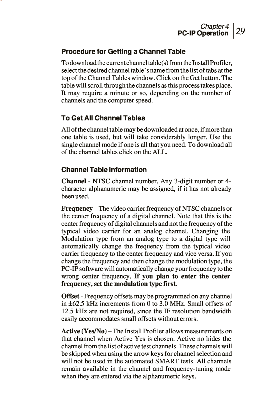 Sunrise Global CM250 IP manual Procedure for Getting a Channel Table, To Get All Channel Tables, Channel Table Information 