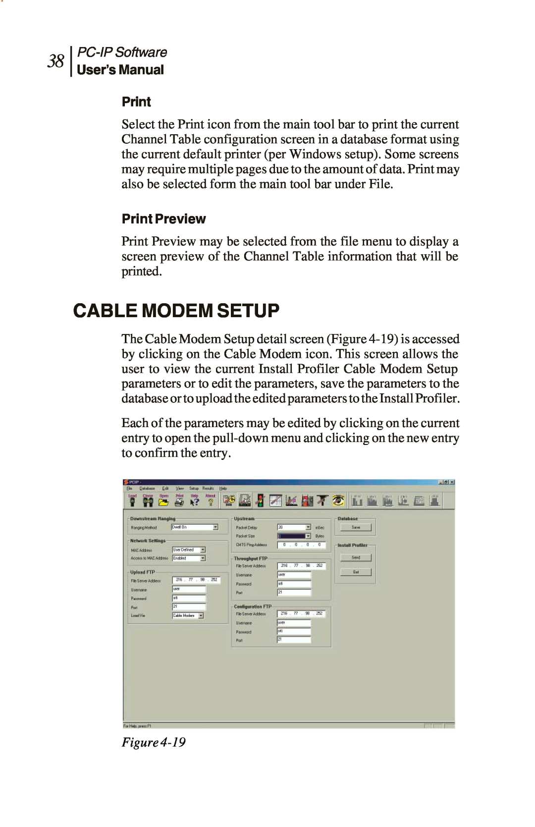 Sunrise Global CM250 IP, CM100 IP, and CM500 IP manual Cable Modem Setup, Print Preview, PC-IPSoftware, User’s Manual, Figure 