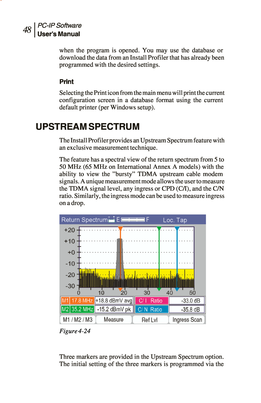 Sunrise Global CM100 IP, CM250 IP, and CM500 IP manual Upstream Spectrum, PC-IPSoftware, User’s Manual, Print, Figure 