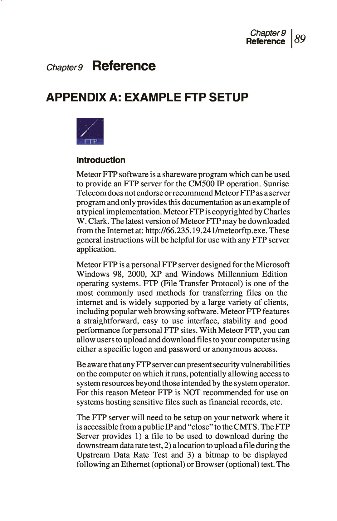 Sunrise Global CM250 IP, CM100 IP, and CM500 IP manual Appendix A: Example Ftp Setup, Reference, Introduction, Chapter 
