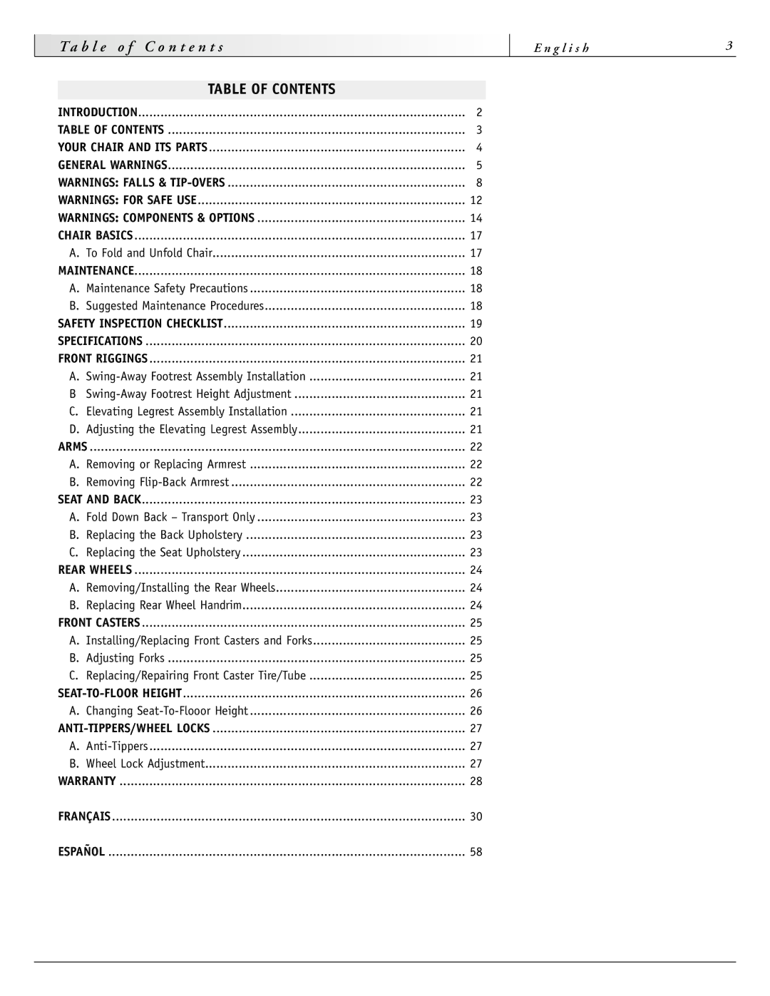 Sunrise Medical 1000 Series instruction manual Table of Contents, Español 