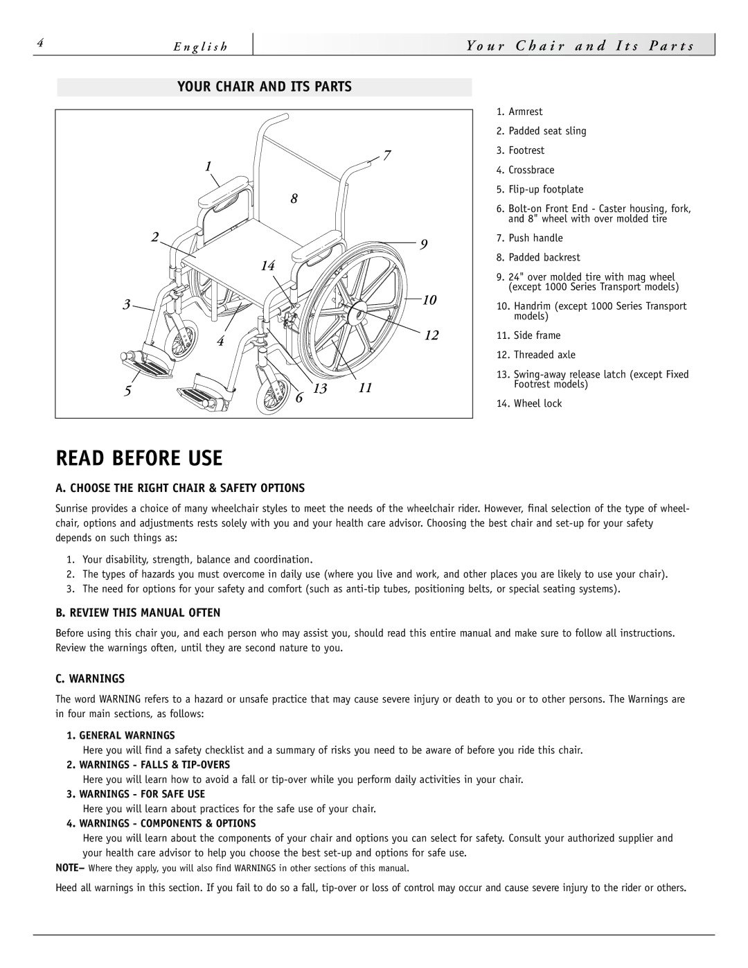 Sunrise Medical 1000 Series Your Chair and ITS Parts, Choose the Right Chair & Safety Options, Review this Manual Often 