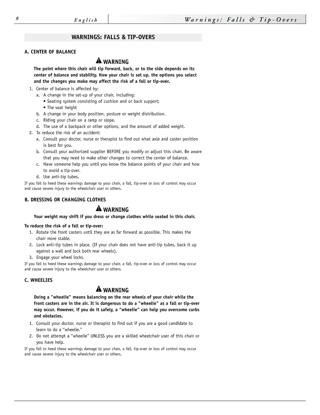 Sunrise Medical 1000 Series instruction manual Center of Balance, Dressing or Changing Clothes, Wheelies 