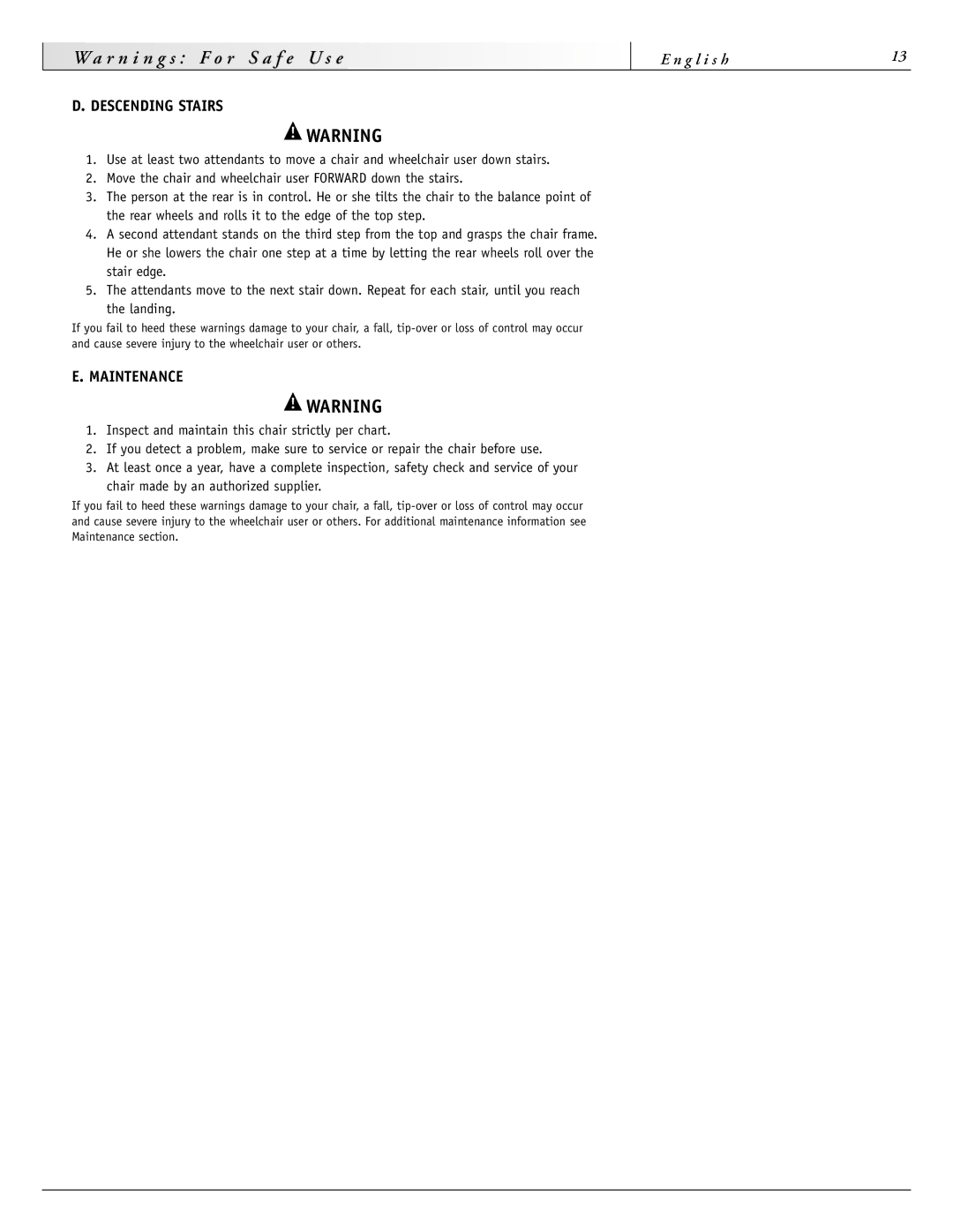 Sunrise Medical 4000 Series, 2000HD Series, 3000 Series, 2000 Series instruction manual Descending Stairs, Maintenance 