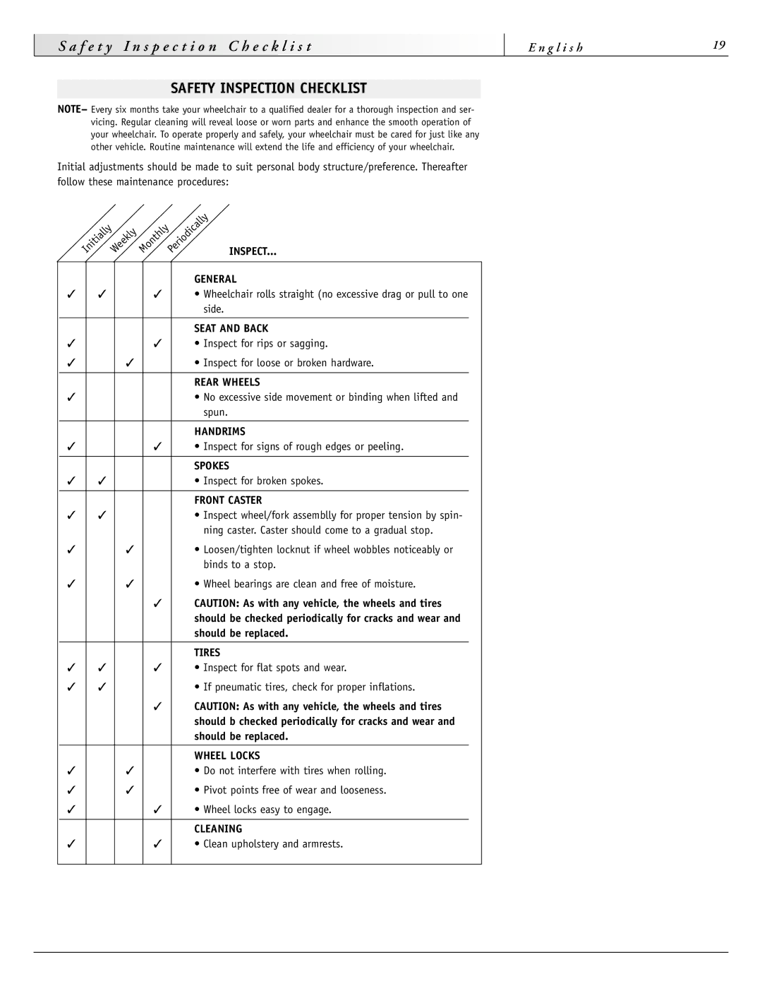 Sunrise Medical 2000 Series, 2000HD Series, 4000 Series, 3000 Series instruction manual Safety Inspection Checklist 