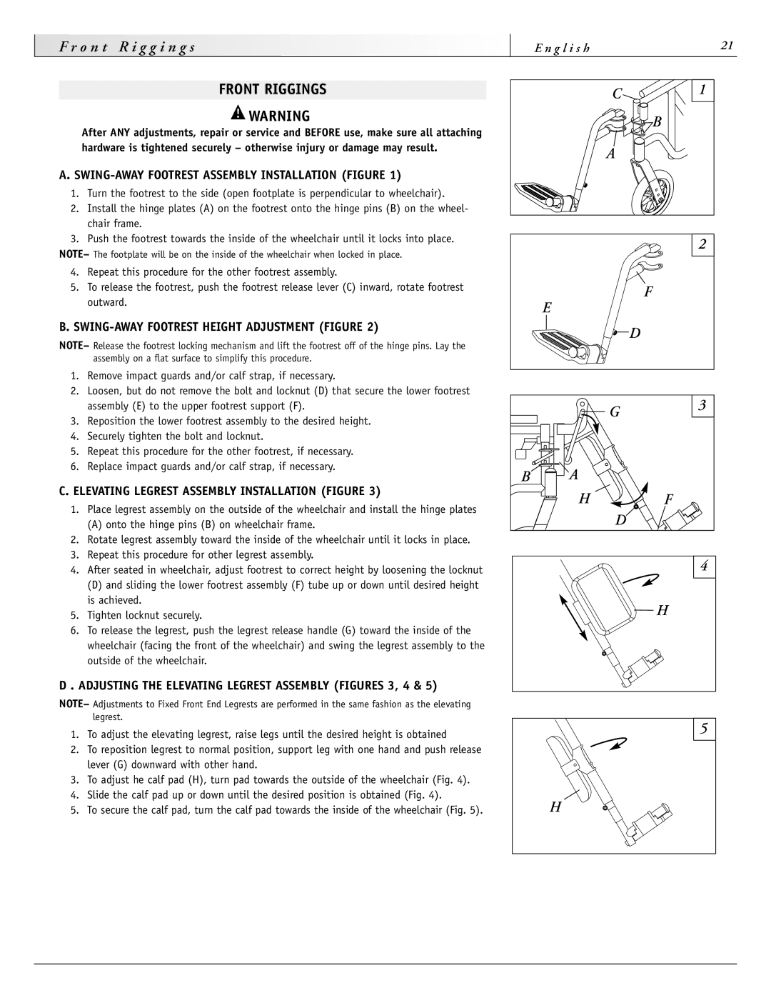 Sunrise Medical 4000 Series, 2000HD Series, 3000 Series Front Riggings, SWING-AWAY Footrest Assembly Installation Figure 