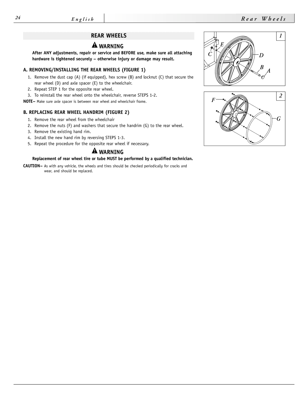 Sunrise Medical 2000HD Series REMOVING/INSTALLING the Rear Wheels Figure, Replacing Rear Wheel Handrim Figure 