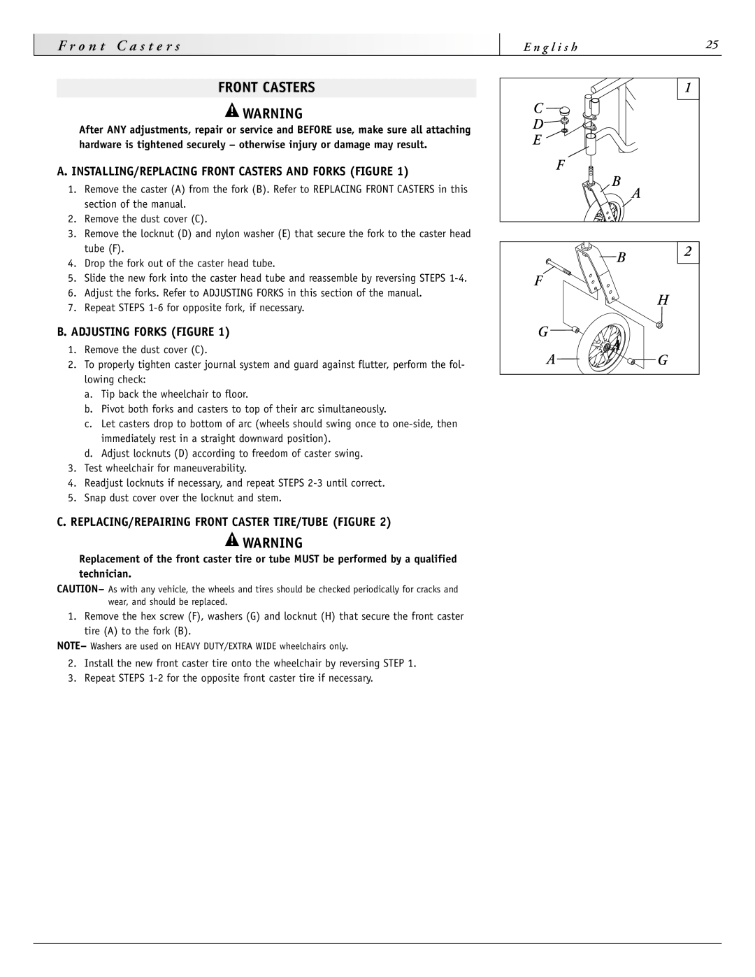 Sunrise Medical 4000 Series, 2000HD Series INSTALLING/REPLACING Front Casters and Forks Figure, Adjusting Forks Figure 