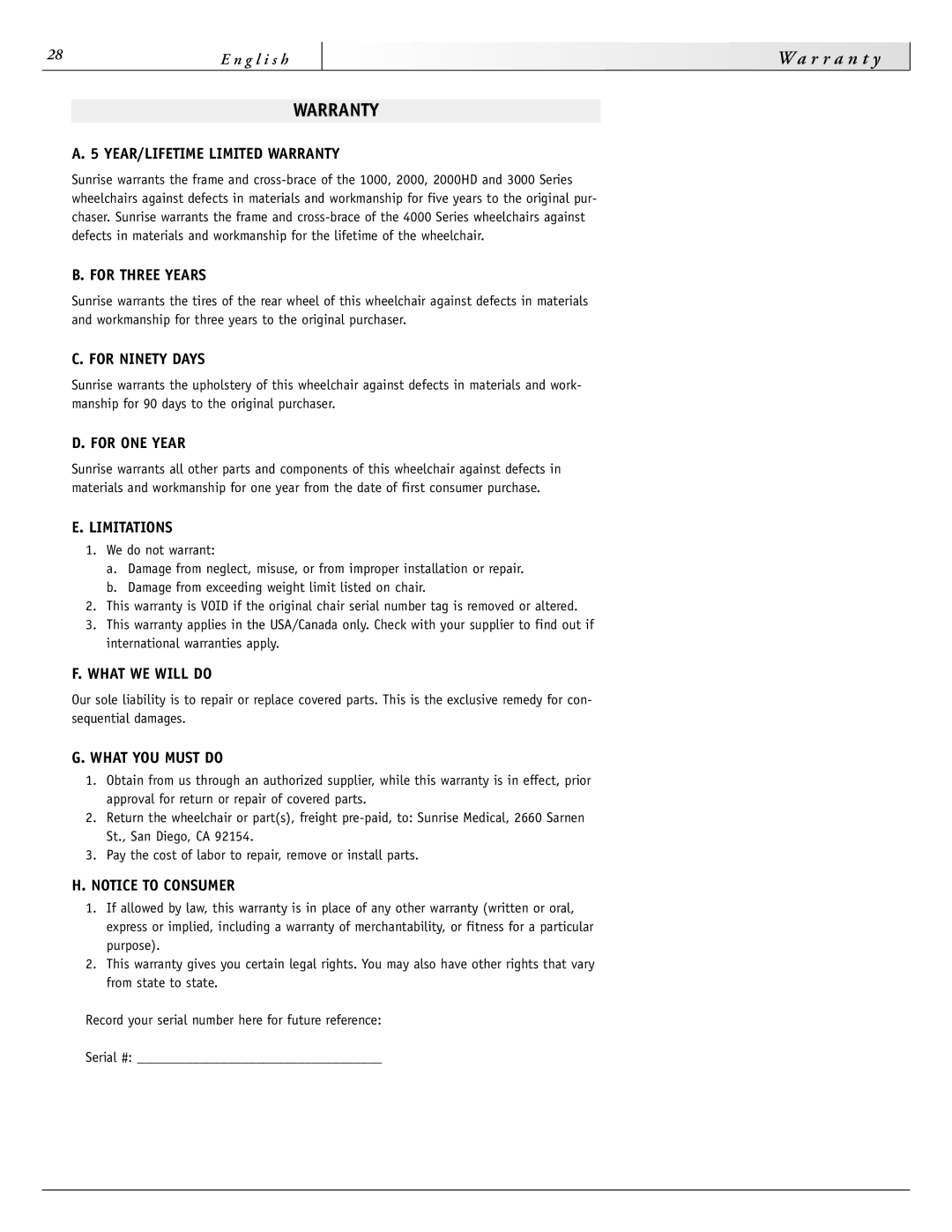 Sunrise Medical 2000HD Series, 4000 Series, 3000 Series, 2000 Series instruction manual Warranty 