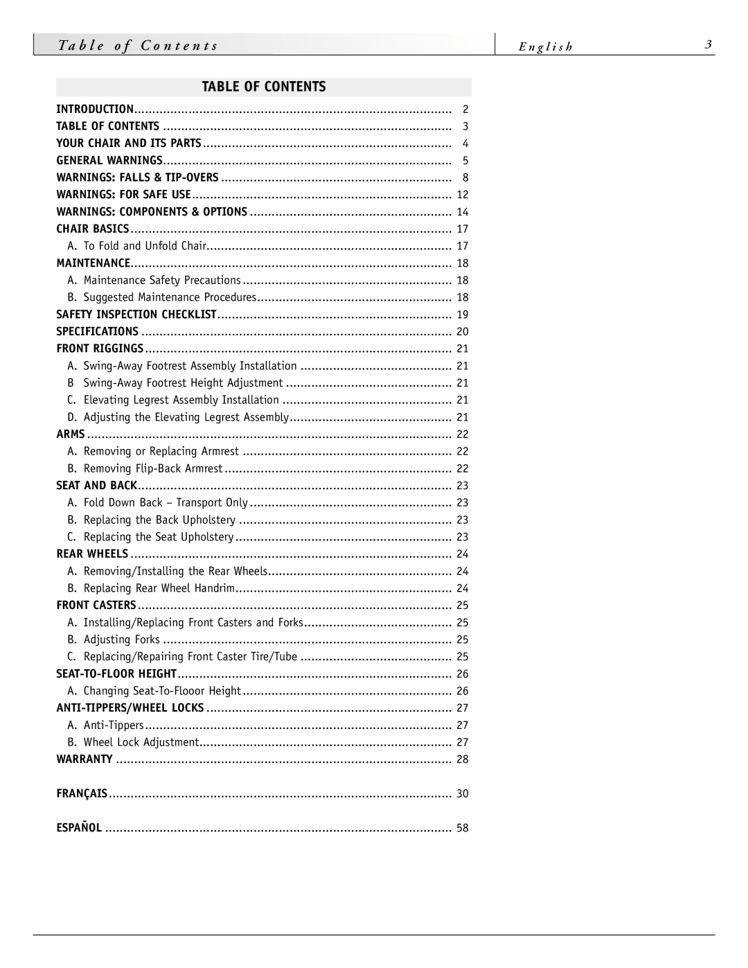 Sunrise Medical 2000 Series, 2000HD Series, 4000 Series, 3000 Series instruction manual Table of Contents, Español 