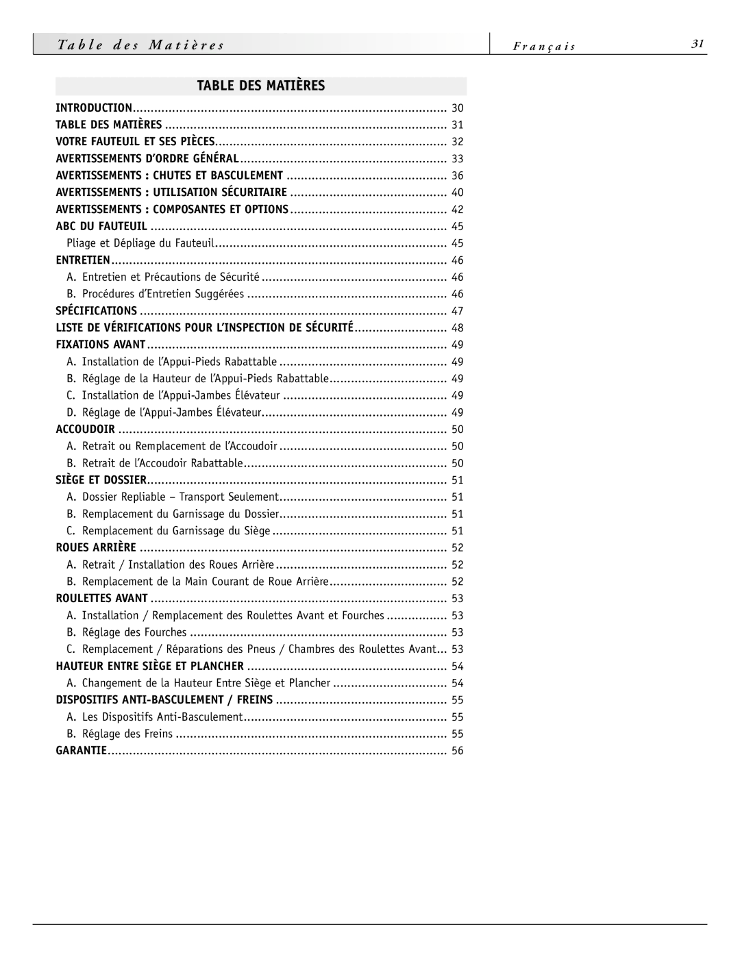 Sunrise Medical 2000 Series, 2000HD Series Table DES Matières, Liste DE Vérifications Pour L’INSPECTION DE Sécurité 