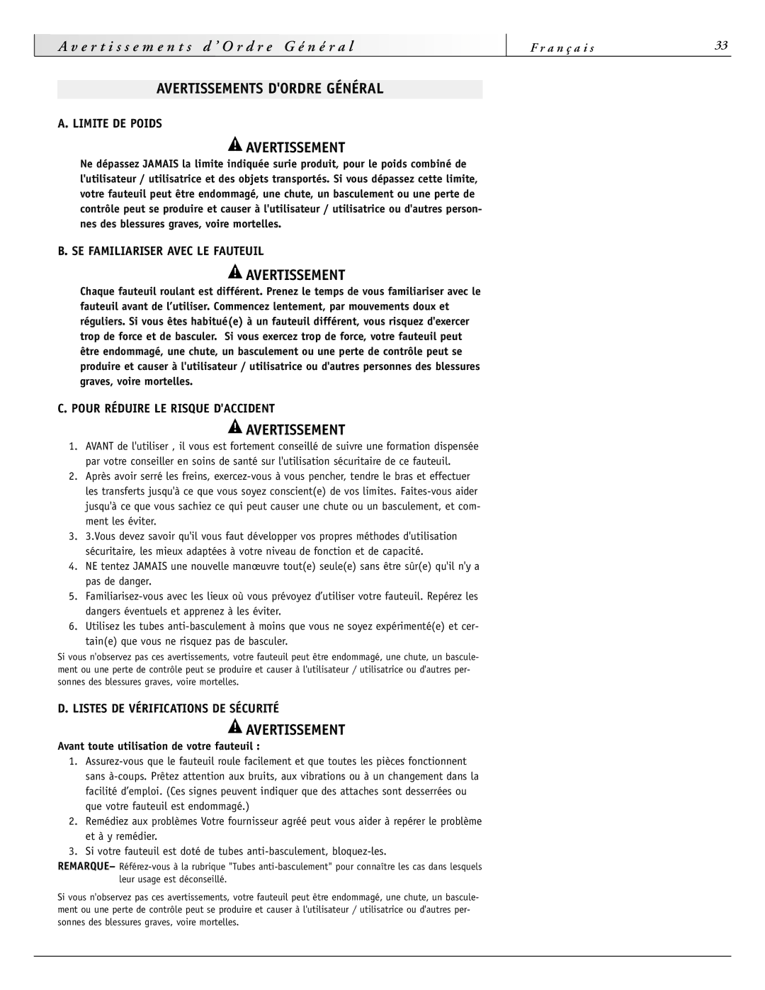 Sunrise Medical 4000 Series, 2000HD Series, 3000 Series, 2000 Series instruction manual Avertissements Dordre Général 