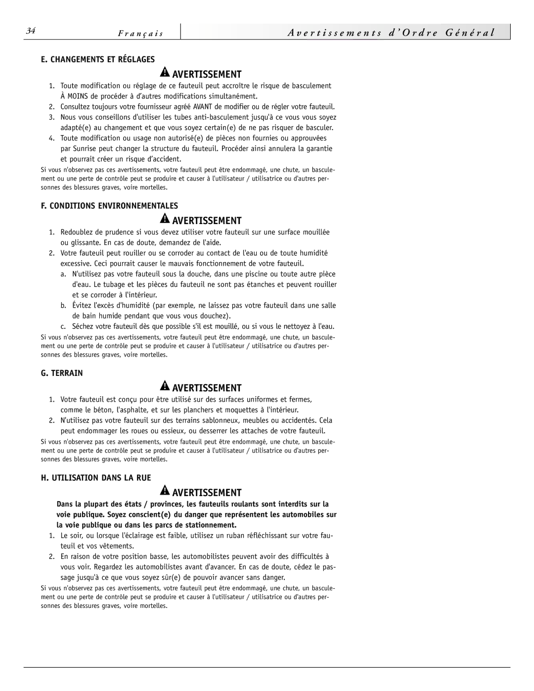 Sunrise Medical 3000 Series, 2000HD Series Changements ET Réglages, Conditions Environnementales, Utilisation Dans LA RUE 