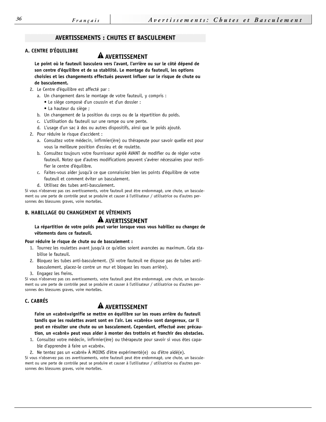 Sunrise Medical 2000HD Series, 4000 Series, 3000 Series Avertissements Chutes ET Basculement, Centre Déquilibre, Cabrés 