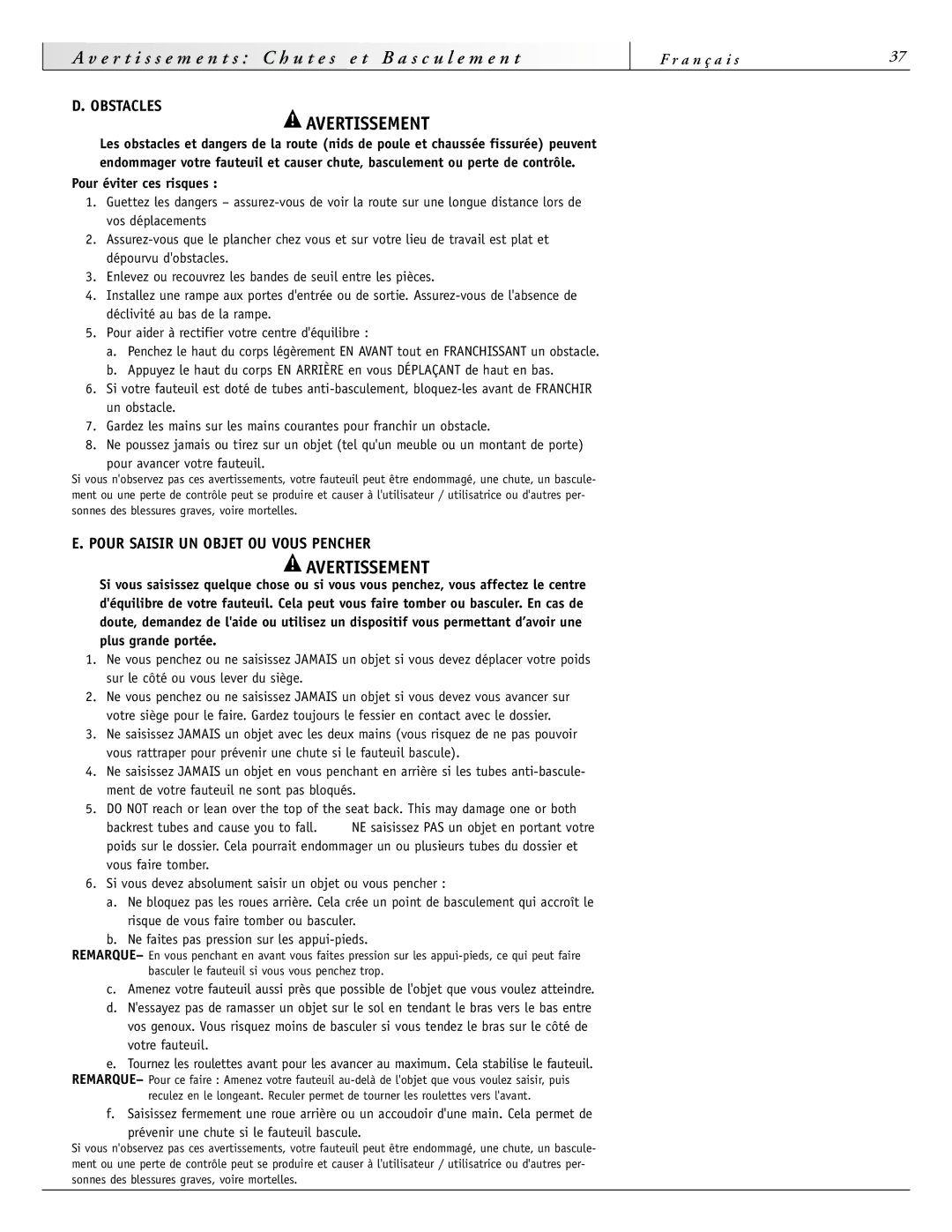 Sunrise Medical 4000 Series, 2000HD Series, 3000 Series Pour Saisir UN Objet OU Vous Pencher, Pour éviter ces risques 