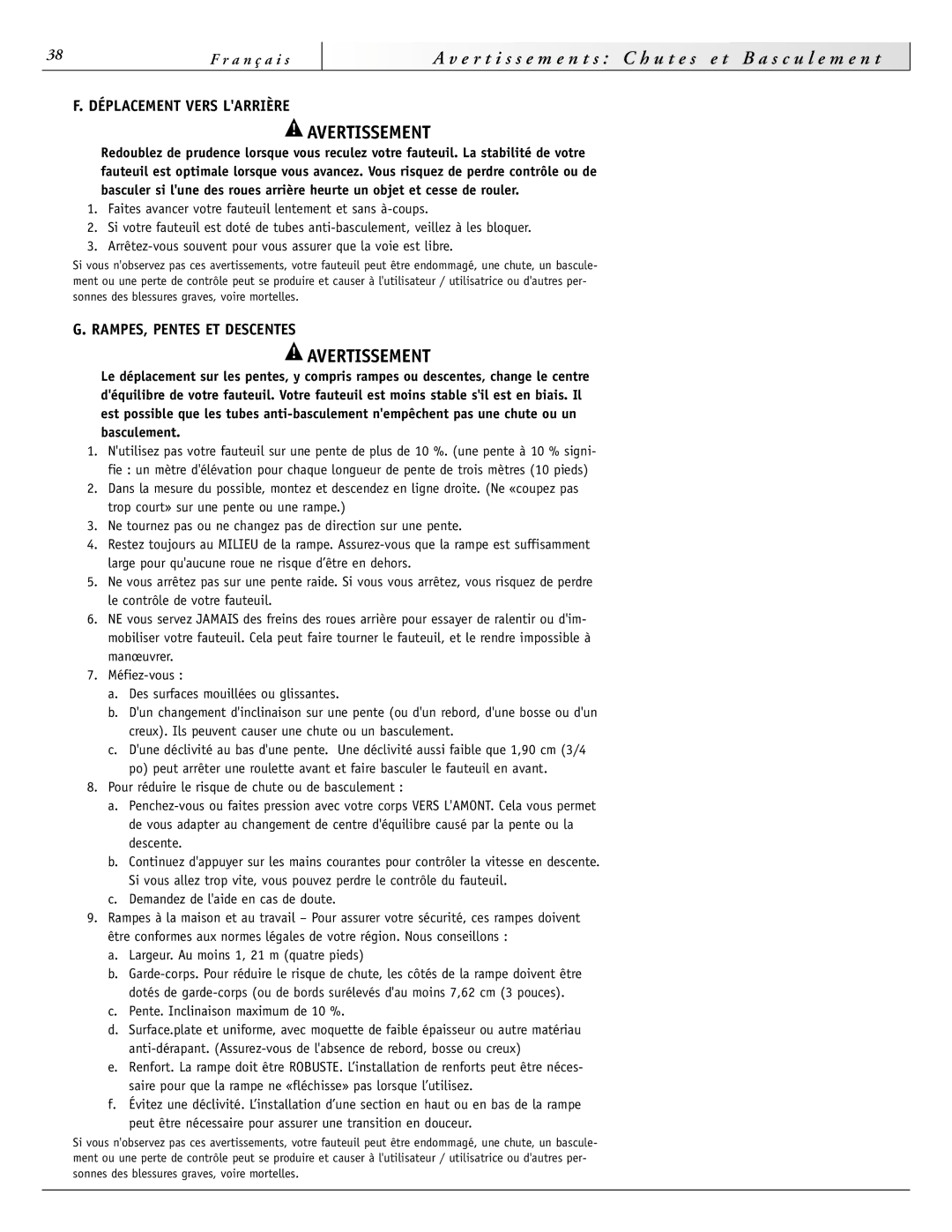 Sunrise Medical 3000 Series, 2000HD Series, 4000 Series, 2000 Series Déplacement Vers Larrière, RAMPES, Pentes ET Descentes 