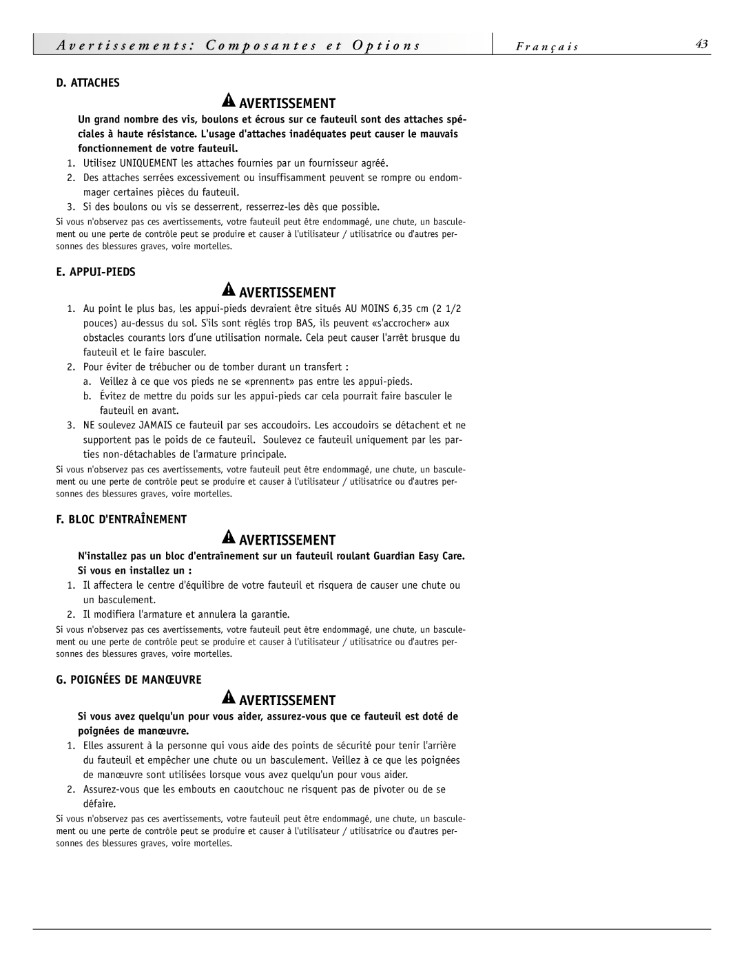 Sunrise Medical 2000 Series, 2000HD Series, 4000 Series Attaches, Appui-Pieds, Bloc Dentraînement, Poignées DE Manœuvre 