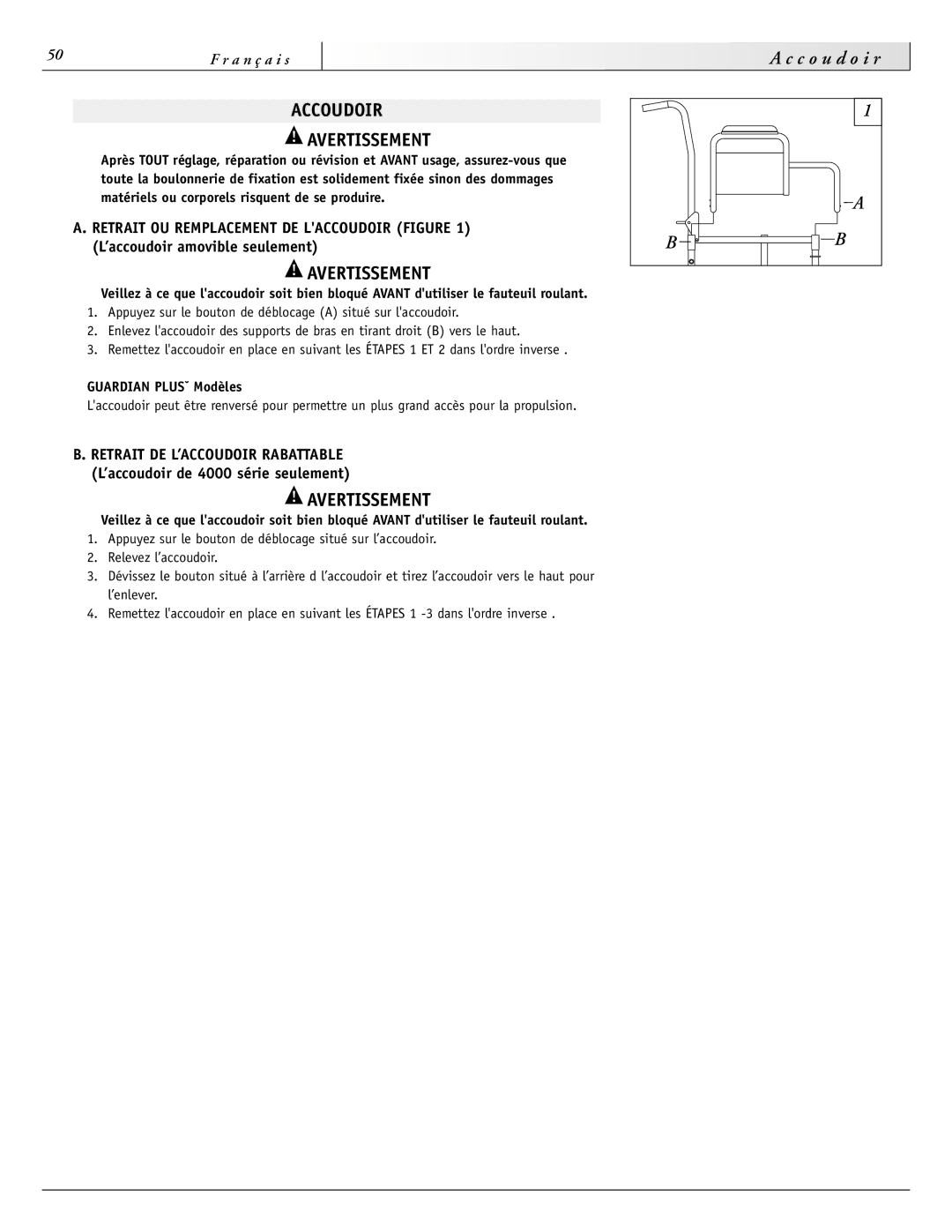 Sunrise Medical 3000 Series, 2000HD Series, 4000 Series, 2000 Series Accoudoir Avertissement, Guardian PLUSˇ Modèles 