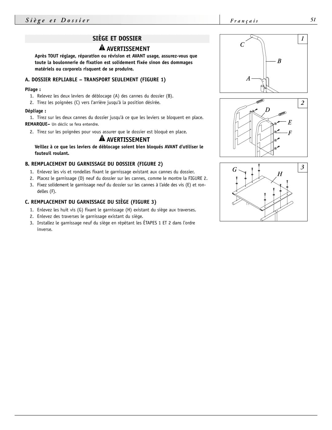 Sunrise Medical 2000 Series, 2000HD Series Siège ET Dossier Avertissement, Dossier Repliable Transport Seulement Figure 