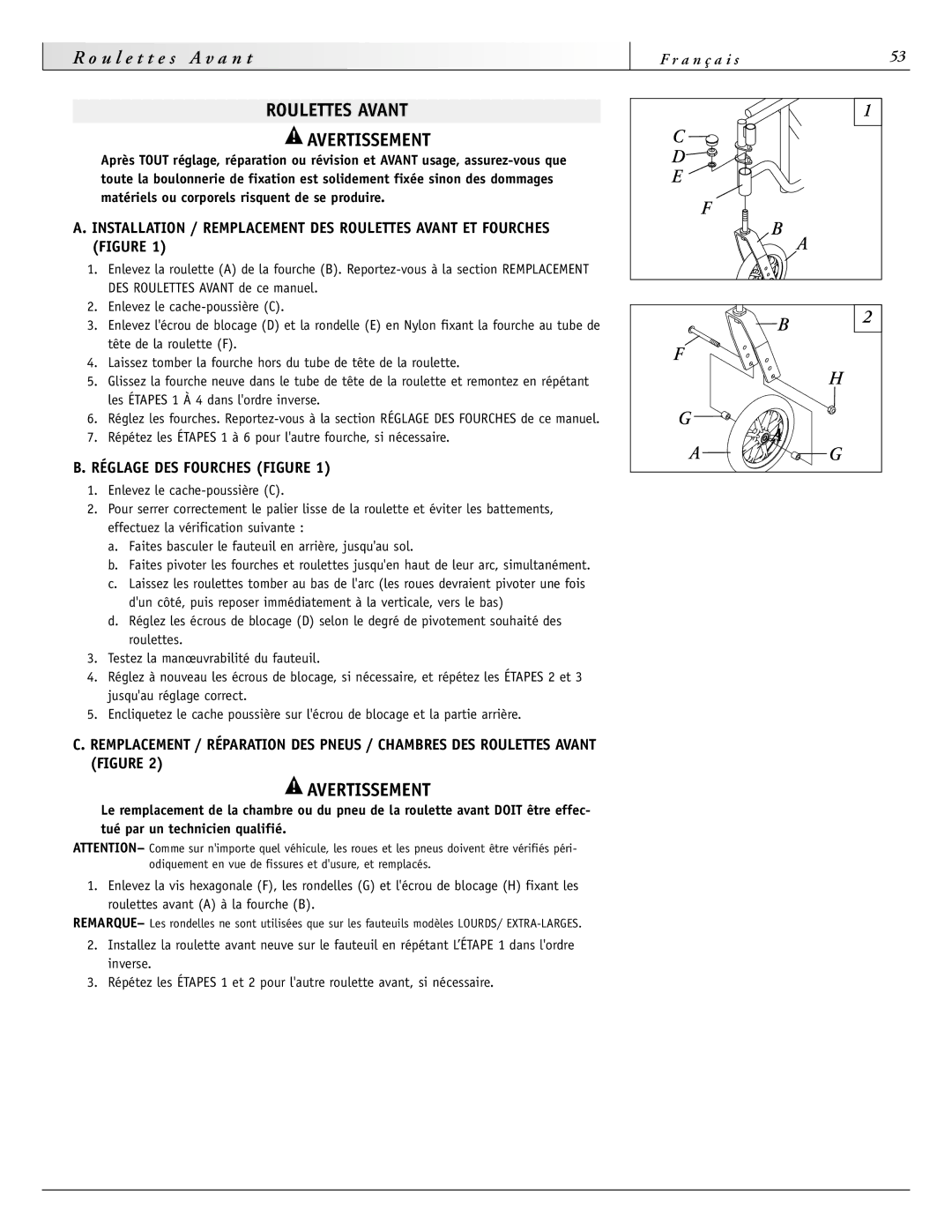 Sunrise Medical 4000 Series, 2000HD Series, 3000 Series Roulettes Avant Avertissement, Réglage DES Fourches Figure 