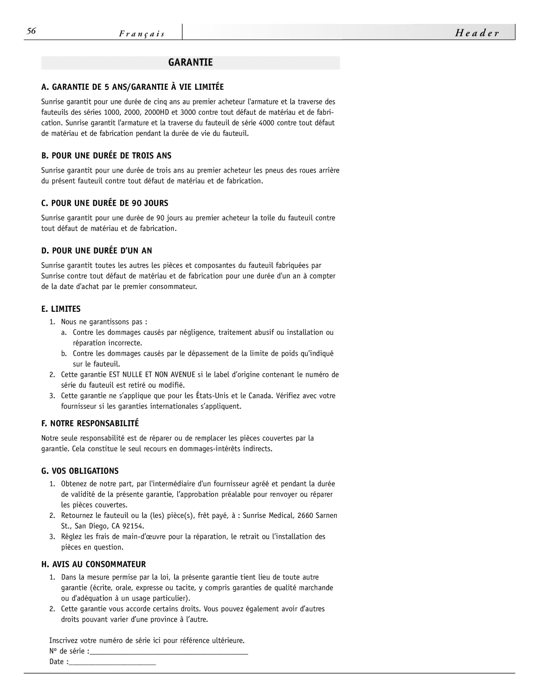 Sunrise Medical 2000HD Series, 4000 Series, 3000 Series, 2000 Series instruction manual Garantie 