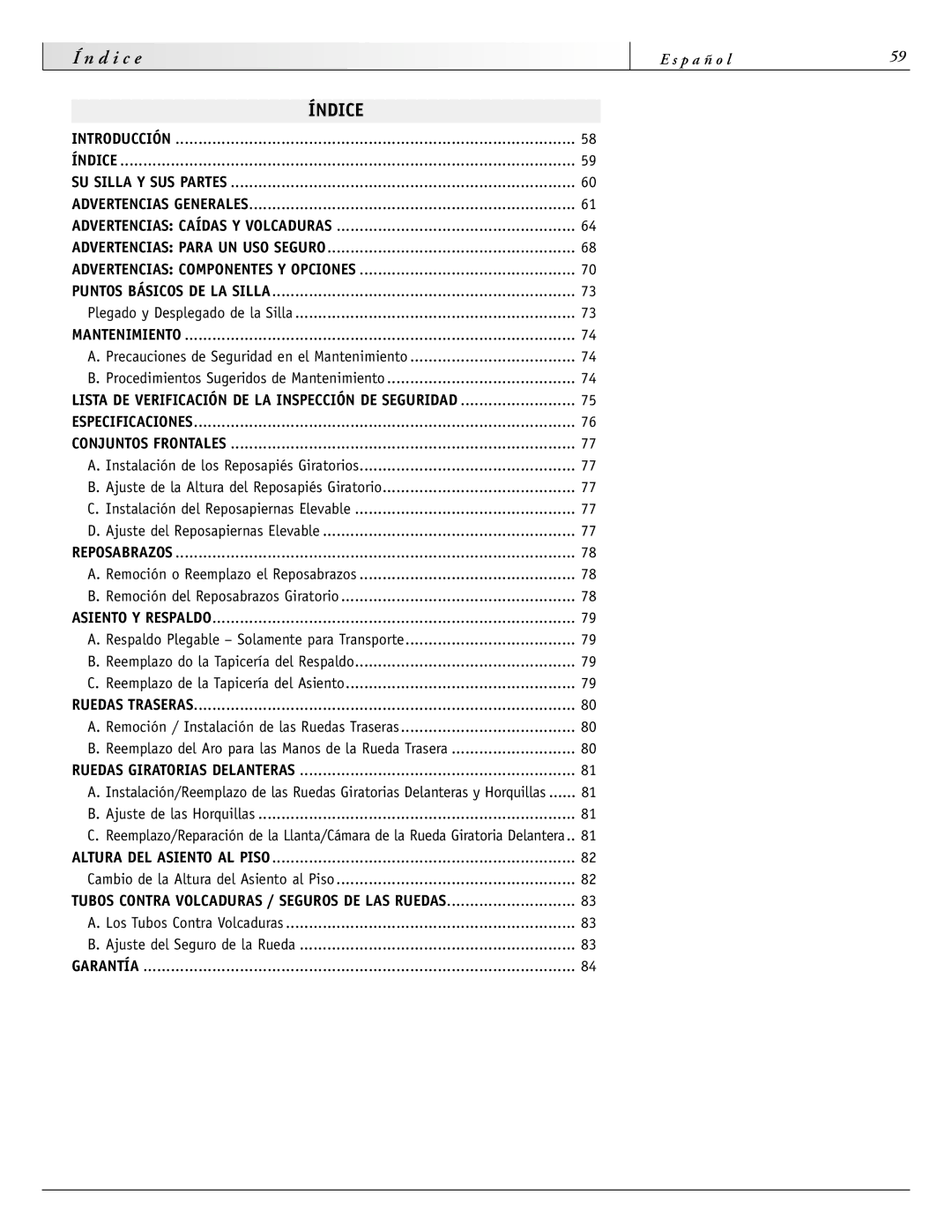 Sunrise Medical 2000 Series, 2000HD Series, 4000 Series Índice, Lista DE Verificación DE LA Inspección DE Seguridad 