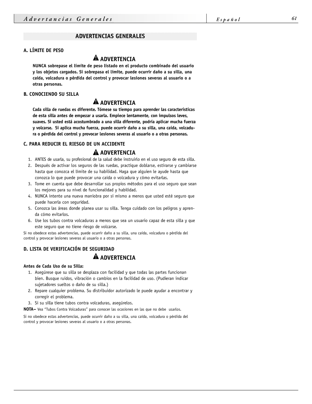 Sunrise Medical 4000 Series, 2000HD Series, 3000 Series, 2000 Series instruction manual Advertencias Generales 