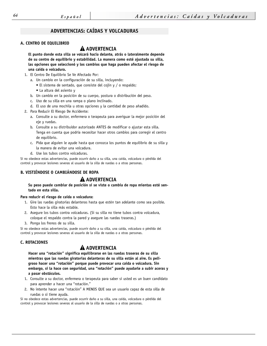 Sunrise Medical 2000HD Series Advertencias Caídas Y Volcaduras, Centro DE Equilibrio, Vistiéndose O Cambiándose DE Ropa 