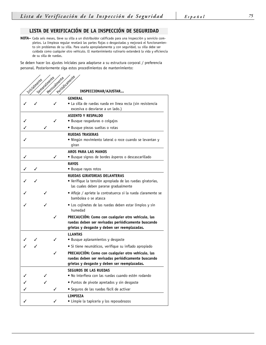 Sunrise Medical 2000 Series, 2000HD Series, 4000 Series, 3000 Series Lista DE Verificación DE LA Inspección DE Seguridad 