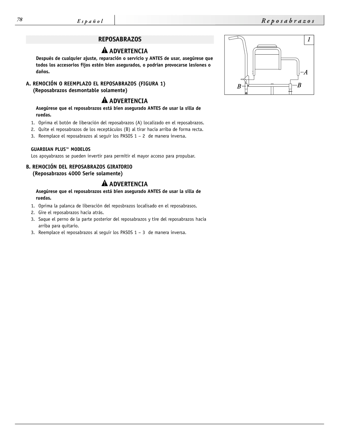 Sunrise Medical 3000 Series, 2000HD Series, 4000 Series, 2000 Series Reposabrazos Advertencia, Guardian Plus Modelos 