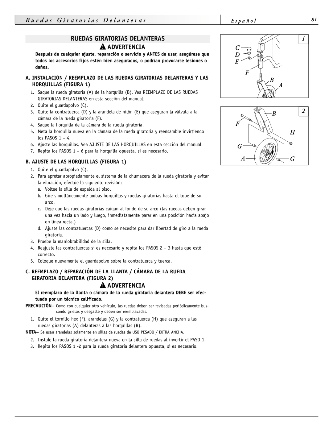 Sunrise Medical 4000 Series, 2000HD Series Ruedas Giratorias Delanteras Advertencia, Ajuste DE LAS Horquillas Figura 