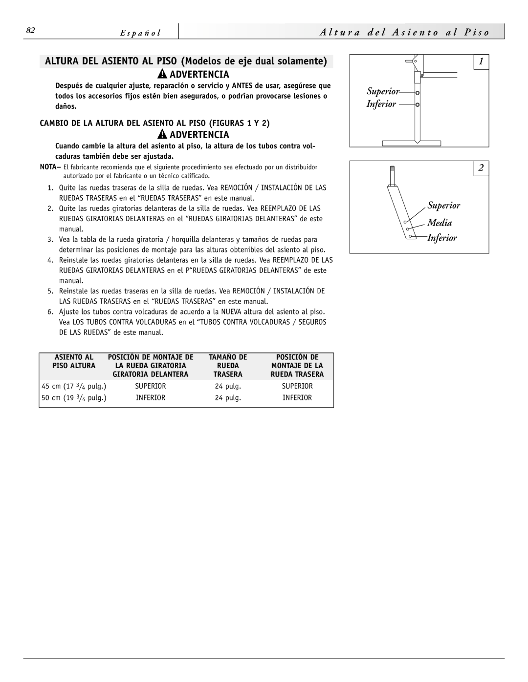 Sunrise Medical 3000 Series, 2000HD Series, 4000 Series, 2000 Series Cambio DE LA Altura DEL Asiento AL Piso Figuras 1 Y 