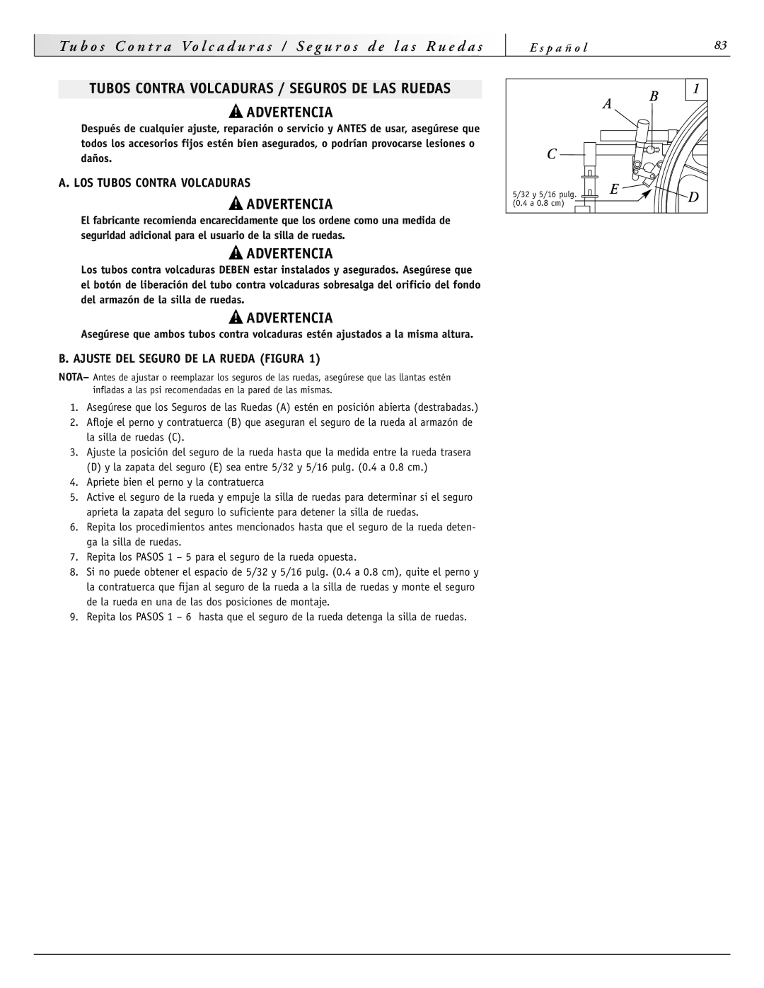 Sunrise Medical 2000 Series, 2000HD Series, 4000 Series LOS Tubos Contra Volcaduras, Ajuste DEL Seguro DE LA Rueda Figura 